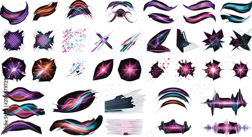 Obraz na płótnie Futuristic neon fluid wave graphic element set with abstract cyber technologic s