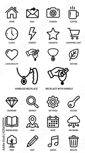 Set of 20 Simple Line Icons for Web and App Design: Home, Mail, Camera, Coffee, Clock, Star