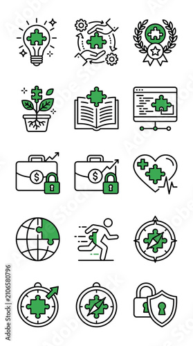 Puzzle Icons: Business, Growth, Strategy, Security, Teamwork, Innovation