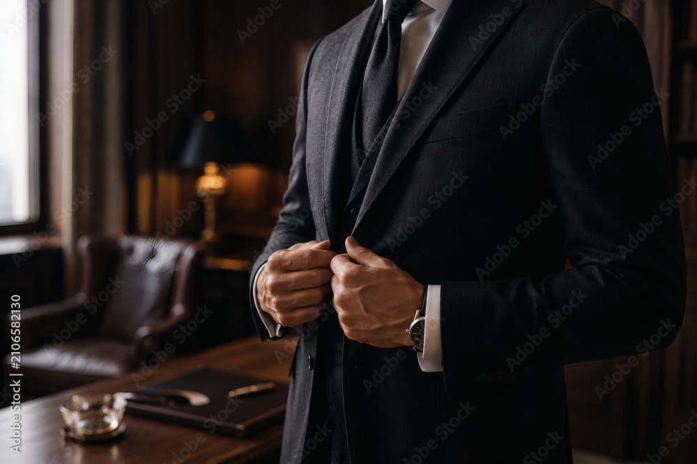 Fototapeta premium Close up of businessman adjusting his classic suit jacket button elegant corporate fashion