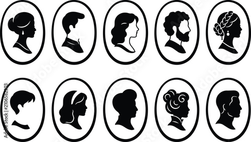 Cuadro en lienzo People Profile Silhouettes in Oval Frames Vector Illustration Set