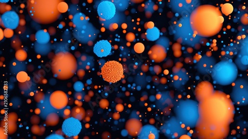 A 3D rendering of a cluster of spheres in varying shades of orange and blue, with some spheres appearing larger and more detailed than others.