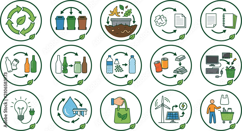 Fototapeta premium Ecology and Waste Recycling Icon Set with Sorting Bins, Green Energy, Sustainable Shopping, and Circular Economy Symbols Vector Illustration for Environmental Designs