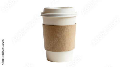 Bild auf Leinwand Isolated disposable coffee cup with white lid and brown cardboard sleeve for hot