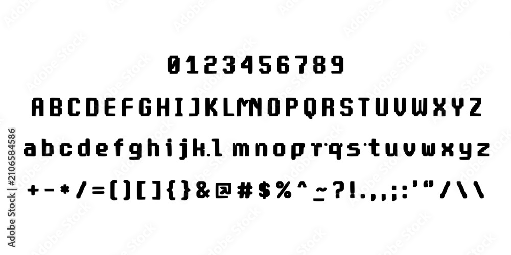 Obraz premium Digital Display of Alphanumeric Characters and Symbols in a Pixelated Font Style with a Retro Aesthetic