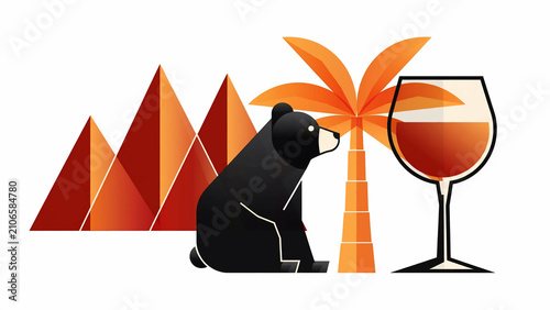 Minimalist graphic vector of a bear with palm and wine glass against pyramids, suitable for travel branding, tourism posters and holiday design.