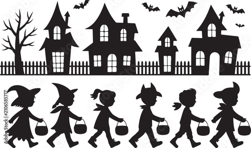 Quadro su tela Halloween kids trick or treating with haunted houses