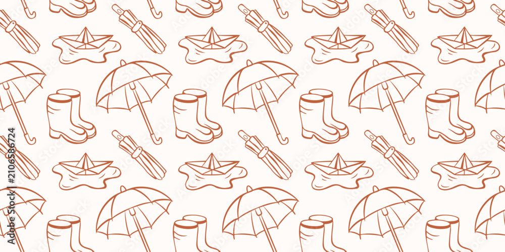 Fototapeta premium Seamless rain autumn pattern with umbrella, rubber boot and paper boat. Line art style doodle sketch. Weather concept. illustration for greeting card, fabric, textile.