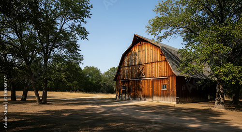 Rustic wooden barn standing amidst lush green trees under clear blue sunny sky