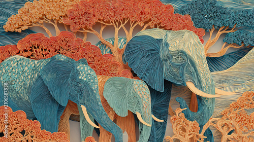 elephant with view in papercut style