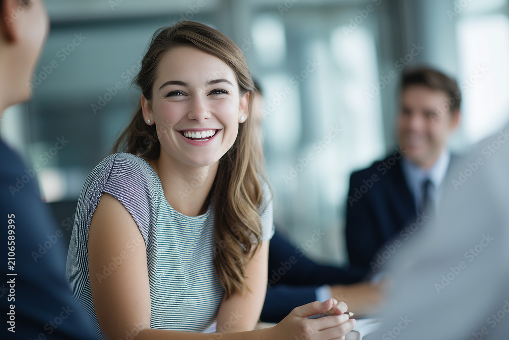 Fototapeta premium Portrait of happy smiling confident young very attractive businesswoman CEO professional manager in a skirt in a business boardroom meeting teamwork looking at camera