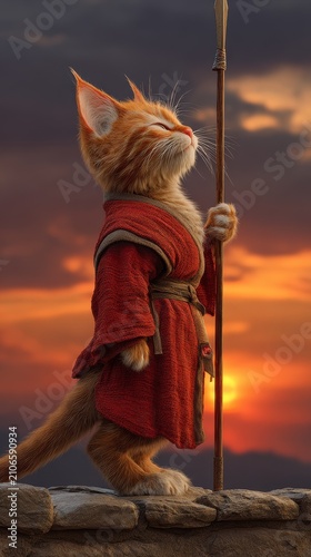 Orange kitten warrior in red chinese martial arts robe holding a staff against a sunset sky