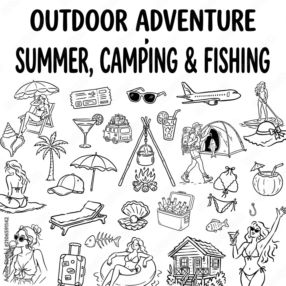 Obraz premium Summer camping and fishing illustration bundle with 200 outdoor adventure icons. Hand-drawn vector set for travel, tourism, and leisure activities.