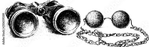 Pair of opera glasses and round lorgnette with chain closeup in black and white for vintage banner and background design