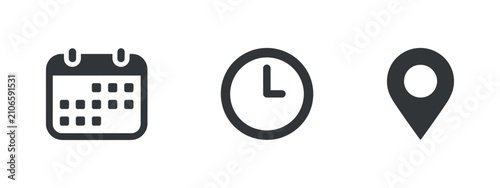 Calendar clock and location marker icons flat two tone pictograms on transparent surface pictogram