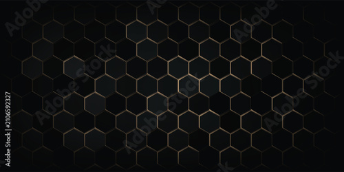 Black hexagon tiles with gold grout. Modern seamless pattern, dark colored hexagon ceramic tiles.