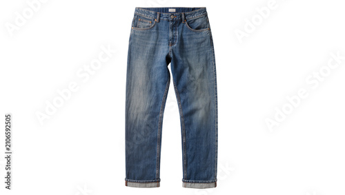 Fotografie Isolated modern blue denim jeans with a slightly faded wash and stylish rolled c