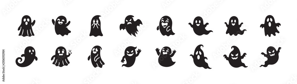 Fototapeta premium Halloween Ghosts Set – Cartoon Spooky Spirit and Haunted Character Icons, EPS 10