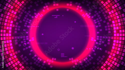 Abstract technology background with glowing neon circle, geometric squares, digital interface, magenta gradient, futuristic dashboard, and cyber design on a purple backdrop
