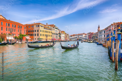 Remarkable morning cityscape of Venice with famous Canal Grande and colorful  view of Rialto Bridge.