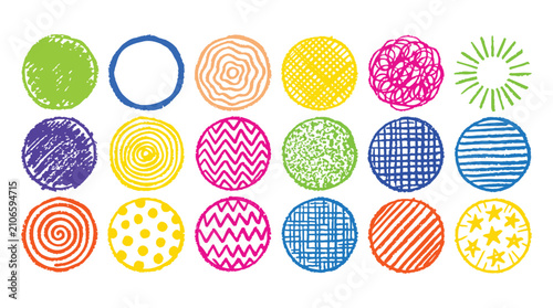 Vibrant handdrawn crayon texture circles with diverse patterns collection on a white background design element set
