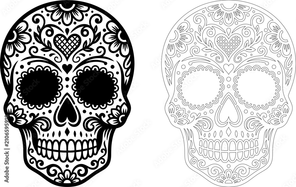 Fototapeta premium Decorative sugar skull with intricate black floral patterns