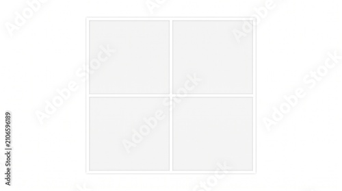 Minimalist white grid layout with four square frames, clean architectural window pane aesthetic, blank geometric template for moodboards and photography