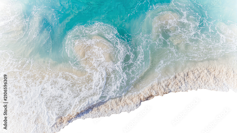 Obraz premium Isolated stunning aerial view of ocean waves and textured beach in a vibrant tropical setting.