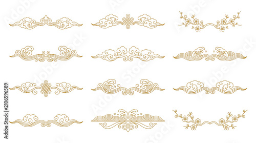 Traditional Chinese gold border collection, 12 elegant oriental cloud and floral dividers, luxury golden asian decorative ornaments for invitation design isolated PNG with Transparent Background