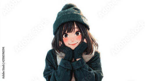 Girl wearing a dark green beanie and matching gloves smiles warmly while posing against a bright white background.