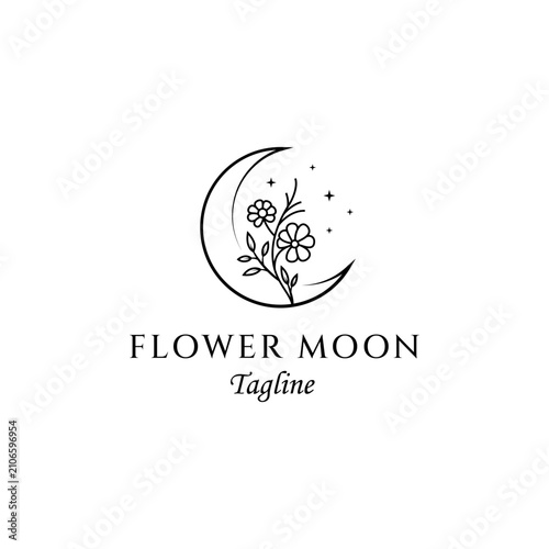 Crescent Moon logo with delicate flowers creating a feminine and mystical feel in a line art design style.