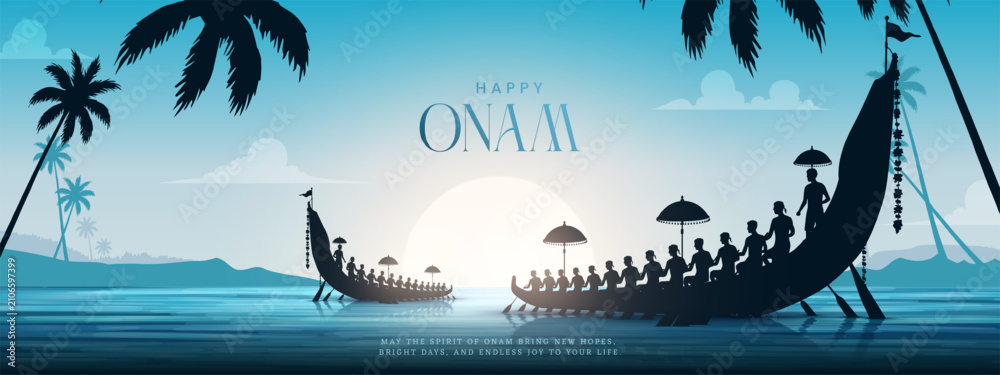 Obraz premium Onam celebration background for Happy Onam festival of South India Kerala. South India Kerela festival happy Onam celebration greetings. Happy Onam celebration greetings.