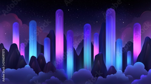 A futuristic cityscape at night, featuring tall, glowing blue and purple structures amidst a cloudy sky.