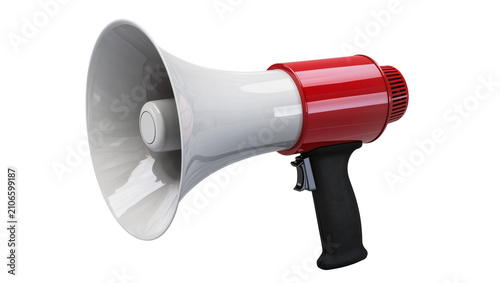 Фотография Isolated red and white megaphone with black handle, a classic symbol for public