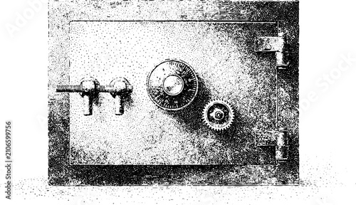 Antique steel safe door with combination dial and mechanical lock for security background or poster design