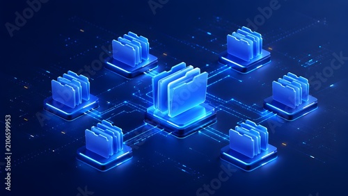 Distributed network of glowing blue folders connected by digital circuit lines representing synchronized shared drives and decentralized data storage.