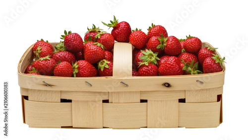 Photography Isolated fresh ripe red strawberries in a natural rustic wooden basket for healt