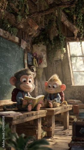 Two adorable monkeys wearing backpacks sit together at a rustic wooden desk, one reading a book