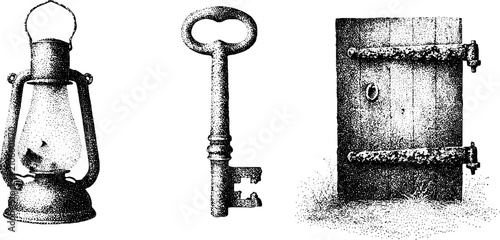 Vintage lantern key and wooden door with iron hinges for antique background and historical design