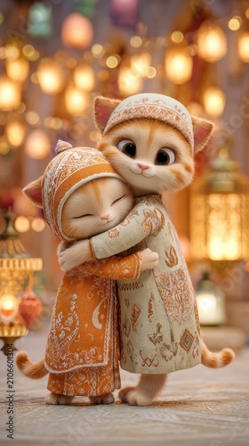 Two adorable orange kittens wearing traditional muslim clothing embrace warmly in a festive setting with bokeh lights