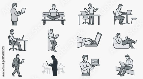Foto Modern Black and White Illustrations of Diverse Work from Anywhere Scenarios wit