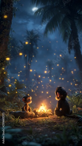 Two baby monkeys and a puppy sit by a campfire at night, surrounded by glowing fireflies and palm trees