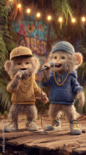 Two anthropomorphic monkeys wearing hoodies and sneakers perform with microphones on a wooden stage