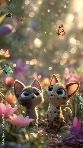 Two curious kittens with big eyes watch colorful butterflies flutter among blooming flowers in a sunlit meadow