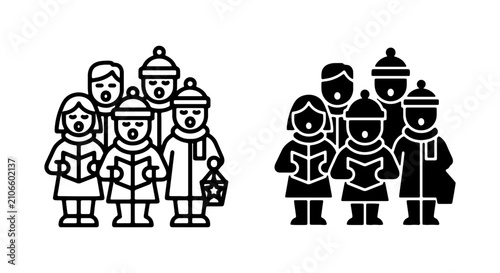 Obraz na plátne Christmas carolers icon set, winter choir singing holiday songs, black line and
