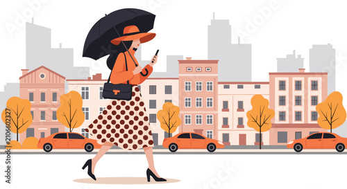 Elegant woman walking confidently on a city street during autumn, holding an umbrella and using a smartphone amidst urban buildings and parked cars.