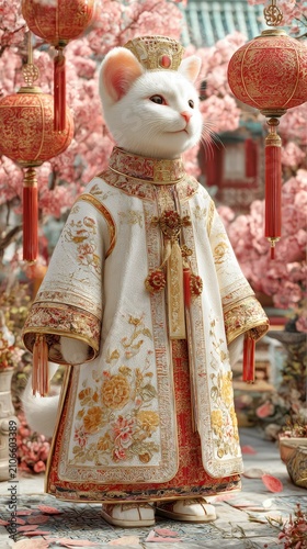 White cat dressed in ornate traditional chinese prince attire with a crown, surrounded by pink blossoms and red lanterns