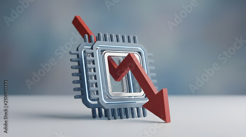 CPU chip with red arrow showing technology market decline