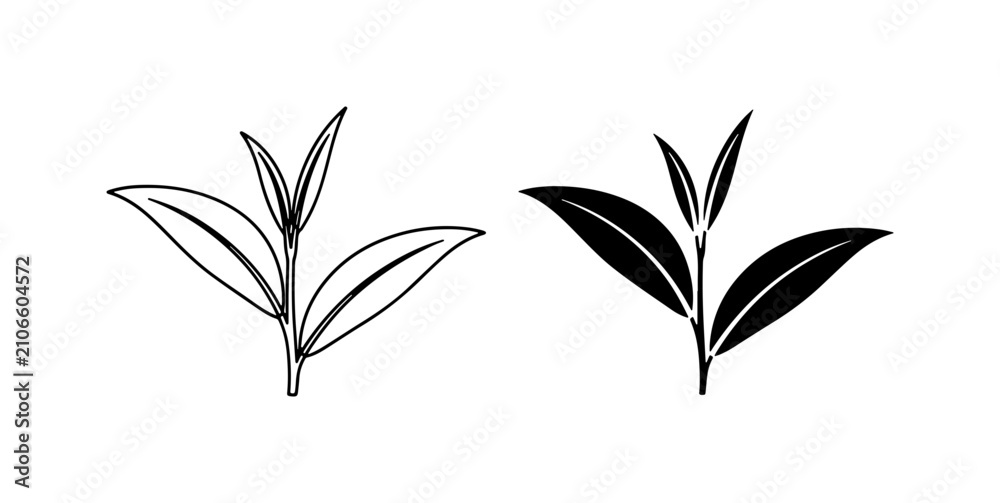 Obraz premium Tea Leaves Vector Icons, Fresh Green Plant Sprigs, Herbal Beverage Ingredient Graphics