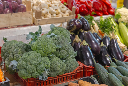 Broccoli and Aubergine Organic Healthy Fresh Vegetables at Farmers Market Stall